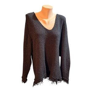 Free People Irresistible V-Neck Wool Blend Tatter Trim Boho Sweater Black Size S